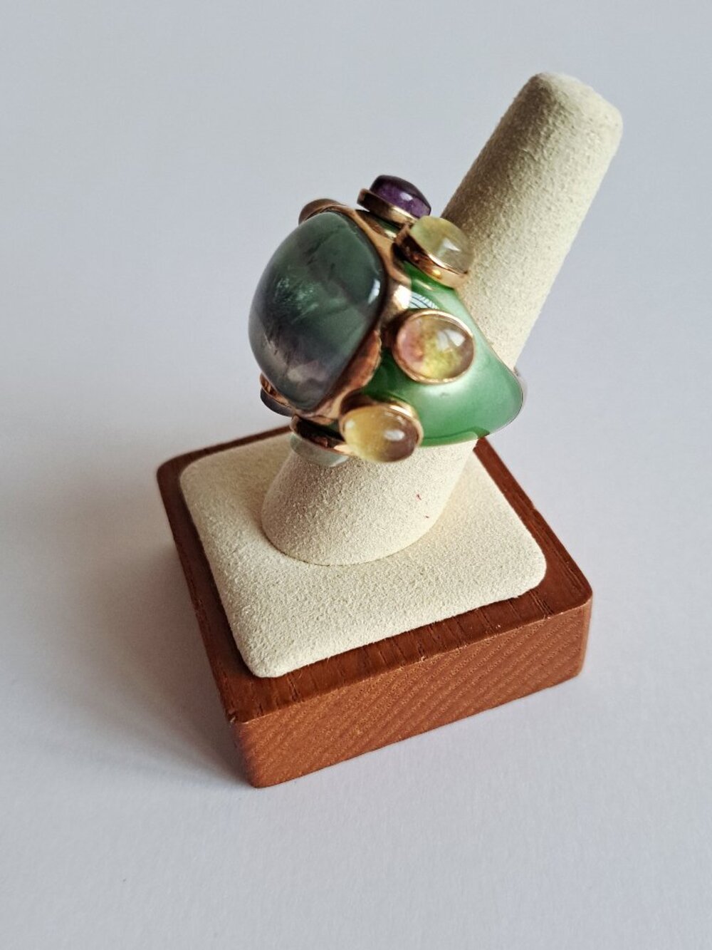 New Angelique de Paris Gold Plated Large Square Green Stones Ring Size 8 - Picture 5 of 17
